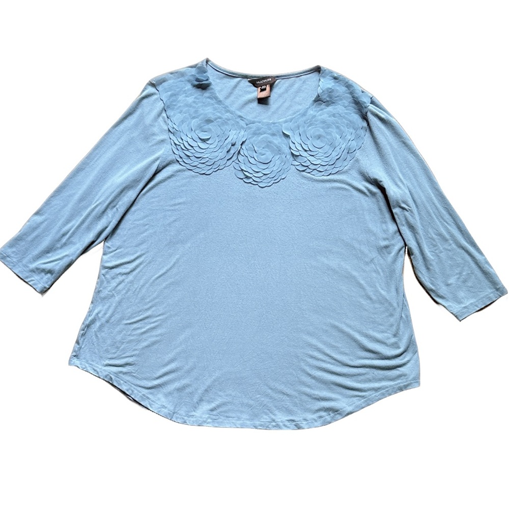 Coastal Soft Girl Feminine Floral Rosettes Baby Blue Flowy Boho Chic Blouse ~PXL